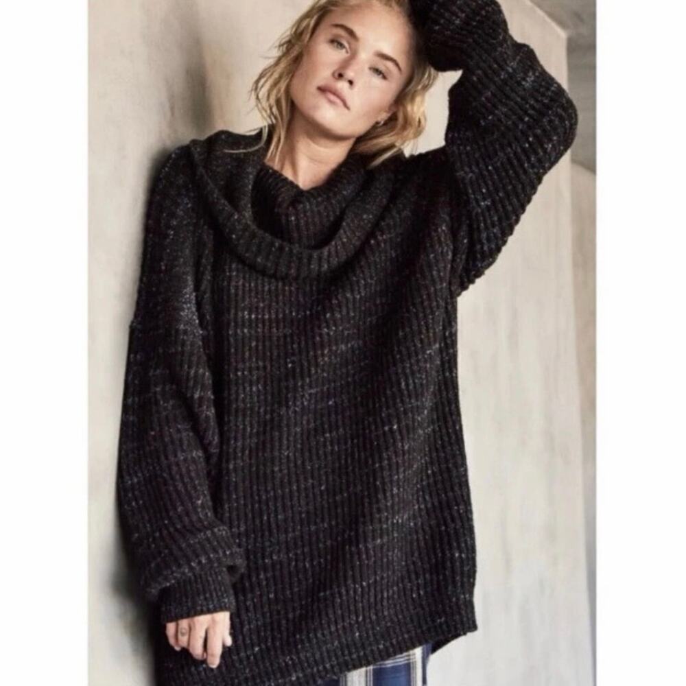 Free People Leo Tunic Chunky Knit Sweater Black Oversized Cowl Neck Size Large